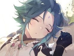 Rule 34 | 1boy, :o, bead necklace, beads, black gloves, blue hair, blush, closed eyes, eyeshadow, facial mark, flower, forehead mark, genshin impact, gloves, green hair, gumilkx, highres, jewelry, lying, makeup, male focus, multicolored hair, necklace, on back, parted lips, portrait, red eyeshadow, sleeping, solo, tassel, white flower, xiao (genshin impact)