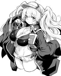 Rule 34 | 1girl, ahoge, bandaid, bandaid on face, bikini, blush, breasts, cleavage, coat, collarbone, elbow gloves, gloves, granblue fantasy, greyscale, highres, kztk, large breasts, long hair, long sleeves, looking at viewer, microskirt, monika weisswind, monika weisswind (swimsuit) (granblue fantasy), monochrome, navel, open clothes, open coat, skirt, solo, swimsuit, thighs, visor cap, wavy hair, whistle, whistle around neck