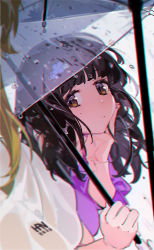 Rule 34 | 2girls, absurdres, black hair, blonde hair, blunt bangs, blurry, blurry foreground, brown eyes, chromatic aberration, han-0v0, hand on own face, highres, long hair, multiple girls, original, solo focus, umbrella, wet, wet clothes