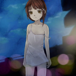 Rule 34 | 1990s (style), 1girl, bottomless, brown eyes, brown hair, camisole, chemise, hair ornament, hairclip, iwakura lain, kimishima ao, lowres, retro artstyle, serial experiments lain, solo, strap slip