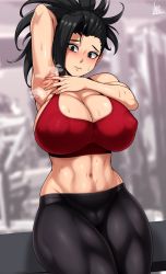 Rule 34 | 1girl, absurdres, arm behind head, arm up, armpits, artist name, bare shoulders, black eyes, black hair, black pants, blurry, blurry background, boku no hero academia, breasts, cameltoe, cleavage, cleft of venus, closed mouth, commentary, covered erect nipples, cowboy shot, eyelashes, foreshortening, highres, huge breasts, jmg, looking at viewer, navel, pants, raised eyebrows, red sports bra, skindentation, solo, sports bra, spread armpit, steaming body, sweat, thick thighs, thighs, toned, wide hips, yaoyorozu momo, yoga pants