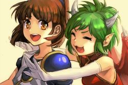 Rule 34 | 2girls, :3, :d, arle nadja, brown hair, china dress, chinese clothes, demon horns, demon wings, draco centauros, dress, elbow gloves, closed eyes, fang, glomp, gloves, green hair, horns, hug, hug from behind, hungry clicker, madou monogatari, multiple girls, open mouth, orange eyes, outstretched arms, pointy ears, ponytail, puyopuyo, short sleeves, shoulder pads, simple background, sleeveless, sleeveless dress, smile, white gloves, wings
