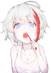 Rule 34 | 1girl, admiral graf spee (azur lane), azur lane, blue eyes, breasts, brushing teeth, cleavage, collarbone, female focus, highres, holding, holding toothbrush, looking at viewer, medium breasts, multicolored hair, open mouth, peachyp, red hair, silver hair, simple background, solo, streaked hair, toothbrush, white background