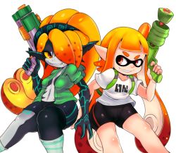 Rule 34 | 2girls, bike shorts, breasts, colored sclera, crossover, fangs, green shirt, hair over one eye, ink tank (splatoon), inkling, inkling girl, inkling player character, jacket, long hair, looking at another, looking to the side, mato spectoru, midna, multiple girls, nintendo, open clothes, open jacket, orange hair, pointy ears, red eyes, shirt, shorts, small breasts, smile, smirk, spectorumato, splatoon (series), splatoon 1, splattershot (splatoon), super soaker, tentacle hair, the legend of zelda, the legend of zelda: twilight princess, white background, yellow sclera