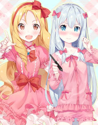 Rule 34 | 2girls, :d, argyle, argyle background, argyle clothes, bad id, bad pixiv id, blonde hair, blush, bow, bowtie, brooch, brown eyes, buttons, chagoon, closed mouth, collarbone, cowboy shot, criss-cross halter, dress, eromanga sensei, forehead, frilled dress, frilled shorts, frills, gem, hair bow, hairband, halter dress, halterneck, highres, holding, holding stylus, index finger raised, izumi sagiri, jewelry, layered dress, light frown, long hair, long sleeves, looking at viewer, multiple girls, nose blush, open mouth, pajamas, pink bow, pink dress, pink shorts, pocket, red bow, red hairband, red neckwear, red ribbon, ribbon, ringlets, shorts, sidelocks, silver hair, smile, standing, straight hair, stylus, tareme, teeth, upper teeth only, v-shaped eyebrows, very long hair, yamada elf