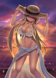Rule 34 | 1girl, beach, bikini, blonde hair, blue eyes, breasts, cleavage, female focus, gem, hat, large breasts, long hair, looking at viewer, luupechi, navel, ocean, one eye closed, original, outdoors, parted lips, sarong, see-through, smile, solo, standing, summer, sun hat, sunset, swimsuit, very long hair, water drop, wet, wet clothes, white bikini, wink, yuri (luupechi)
