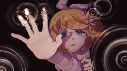 Rule 34 | 1girl, blonde hair, blouse, blue eyes, bow, crying, crying with eyes open, eob, flat chest, foreshortening, frilled shirt, frills, hair bow, hair ornament, hairclip, half-closed eyes, hand on own chest, highres, kagamine rin, looking up, outstretched arms, outstretched hand, parted lips, reaching, reaching towards viewer, ripples, shirt, tears, vocaloid, wallpaper, water surface, white shirt