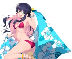 Rule 34 | 1girl, :d, anklet, ass, bikini, black hair, bracelet, breasts, commentary request, fang, floral print, from behind, green eyes, highres, jewelry, kantai collection, kurihara kenshirou, leg up, long hair, looking at viewer, medium breasts, multicolored hair, naganami (kancolle), navel, open mouth, pink hair, red bikini, ribs, simple background, smile, solo, standing, standing on one leg, swimsuit, two-tone hair, white background