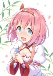 Rule 34 | 1girl, @ @, bamboo, blue eyes, blush, breasts, brown hairband, cleavage, commentary request, dress, hair between eyes, hairband, highres, holding, juliet sleeves, long sleeves, looking at viewer, medium breasts, nose blush, own hands together, pink hair, princess connect!, puffy sleeves, solo, standing, tanabata, tanzaku, tomo (tmtm mf mf), upper body, wavy mouth, white background, white dress, yui (princess connect)