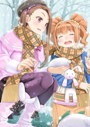 Rule 34 | 2girls, :d, ^ ^, bare tree, boots, brown eyes, brown hair, closed eyes, closed eyes, floral print, idolmaster, idolmaster (classic), long hair, minase iori, miri (ago550421), multiple girls, open mouth, plaid, plaid scarf, print legwear, scarf, shared clothes, shared scarf, smile, snow rabbit, snowing, stuffed animal, stuffed rabbit, stuffed toy, takatsuki yayoi, tree, twintails, winter clothes