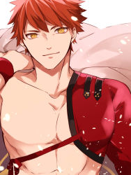 Rule 34 | 1boy, cape, close-up, emiya shirou, falling petals, fate/grand order, fate (series), highres, holding, holding cape, holding clothes, igote, limited/zero over, looking at viewer, male focus, petals, red hair, rokkasana, senji muramasa (fate), smile, solo, topless male, wristband, yellow eyes