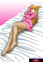 Rule 34 | 1girl, akimoto katherine reiko, bed, blonde hair, breast hold, breasts, ero shocker, feet, female focus, full body, gradient background, kochikame, large breasts, legs, long hair, looking at viewer, lying, nail polish, open mouth, pantyhose, skirt, solo, thighs, toes, uniform, yellow eyes