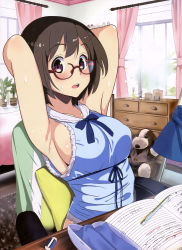 Rule 34 | 1girl, absurdres, armpits, arms up, bedroom, blush, book, breasts, brown hair, chair, cupboard, curtains, eraser, covered erect nipples, glasses, glasses case, highres, indoors, large breasts, mahan, open book, open mouth, pen, red-framed eyewear, scan, short hair, sideboob, sitting, solo, stuffed animal, stuffed toy, table