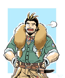 Rule 34 | 1boy, arm hair, bara, beard, beard stubble, belt, blonde hair, blue background, border, brown hair, brown pants, chest hair, closed eyes, collared shirt, commentary request, dated, facial hair, fur shawl, green shirt, hairy, hands on own hips, highres, jewelry, magatama, magatama necklace, male focus, mature male, medium hair, multicolored hair, multiple belts, muscular, muscular male, necklace, open mouth, outline, outside border, pants, puff of air, r-te (restricted te), shawl, sheath, sheathed, shirt, signature, simple background, sleeves rolled up, solo, streaked hair, stubble, sword, thick eyebrows, tokyo houkago summoners, upper body, weapon, white border, white outline, wrist cuffs, yamasachihiko (housamo)