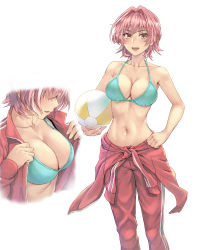 Rule 34 | 1girl, :d, alternate costume, aqua bikini, ball, beachball, bikini, bikini top only, bikini under clothes, blush, breasts, cleavage, collarbone, commentary request, cropped torso, feet out of frame, hair over eyes, hand on own hip, highres, holding, holding ball, jacket, kantai collection, kinu (kancolle), kokuzou, large breasts, looking at viewer, multiple views, navel, open mouth, orange eyes, pants, parted lips, pink hair, red jacket, red pants, short hair, simple background, smile, standing, stomach, swimsuit, track jacket, track pants, undressing, v-shaped eyebrows, white background
