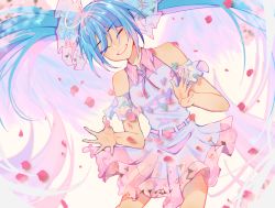 Rule 34 | 1girl, absurdly long hair, aqua dress, aqua hair, artist name, artist request, bare shoulders, belt, blue hair, breasts, collared dress, dress, closed eyes, female focus, hatsune miku, highres, long hair, off-shoulder dress, off shoulder, parted lips, pink belt, small breasts, smile, solo, sshooooe, twintails, very long hair, vocaloid
