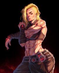 Rule 34 | 1girl, abs, az ciam, belt, blonde hair, breasts, cleavage, commission, earrings, facial tattoo, highres, jewelry, large breasts, looking at viewer, medium breasts, muscular, muscular female, nose piercing, nose ring, original, piercing, shaved head, sith, solo, star wars, stretching, tattoo