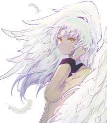 Rule 34 | 1girl, :|, adjusting hair, angel beats!, angel wings, beige jacket, chinese commentary, closed mouth, commentary, feathered wings, feathers, from side, hand up, highres, large wings, long sleeves, looking at viewer, looking to the side, parted bangs, ringo orihara, short hair, simple background, solo, tenshi (angel beats!), upper body, white background, white hair, white wings, wings, yellow eyes