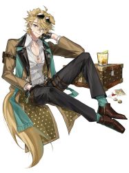 Rule 34 | 1boy, animal ears, arknights, bishounen, black gloves, blonde hair, card, dog boy, dog ears, dog tags, dog tail, eyewear on head, formal, full body, gloves, hand on own face, highres, jewelry, male focus, necklace, playing card, shidare (youh4016), shirt, short hair, simple background, solo, sunglasses, tail, tequila, tequila (arknights), white shirt