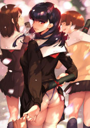 Rule 34 | 3girls, ass, black hair, black serafuku, brown hair, capelet, cherry blossoms, clothes lift, commentary request, diploma, glasses, graduation, holding hands, long hair, long sleeves, looking at viewer, looking back, md5 mismatch, multiple girls, neckerchief, open mouth, original, panties, petals, pov, pov hands, red eyes, revision, sasaoka gungu, school uniform, serafuku, shibari, shibari under clothes, shirt, short hair, skirt, skirt lift, skirt set, smile, thighhighs, thighs, underwear, white legwear, white panties