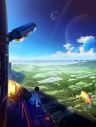 Rule 34 | 1girl, absurdres, aircraft, akio-bako, arrow (symbol), blue sky, city, cloud, day, dirigible, field, from behind, highres, horizon, landscape, long sleeves, original, planet, railing, scenery, shirt, sitting, skirt, sky, solo, star (sky), star (symbol), twintails, white shirt