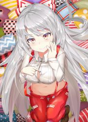Rule 34 | 1girl, ashu, bow, breasts, brown footwear, buttons, cleavage, closed mouth, collared shirt, cropped shirt, from above, fujiwara no mokou, hair bow, hand on own chest, hand on own face, hands up, head tilt, highres, large breasts, long hair, long sleeves, looking at viewer, looking up, midriff, navel, ofuda, ofuda on clothes, open clothes, open fly, open pants, pants, partially unbuttoned, pillow, red eyes, red pants, shirt, shoes, silver hair, smile, solo, stomach, suspenders, thigh gap, touhou, tsurime, very long hair, white shirt, wing collar