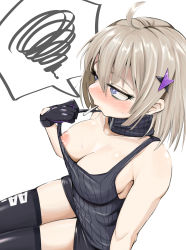 Rule 34 | 1girl, aa-12 (girls&#039; frontline), ahoge, black gloves, black shorts, black thighhighs, blue eyes, blush, breasts, collarbone, girls&#039; frontline, gloves, hair between eyes, hair ornament, highres, kuzumotsu, large breasts, mouth hold, nipples, shorts, simple background, solo, spoken squiggle, squiggle, star (symbol), star hair ornament, thighhighs, white background