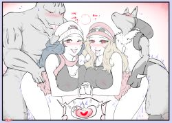 Rule 34 | 2boys, 2girls, bare shoulders, bent over, blush, breast press, breasts, clothed sex, covered erect nipples, creatures (company), cum, cum in pussy, cum overflow, dawn (pokemon), djayo, eyebrows, furry, furry male, furry with non-furry, game freak, gen 1 pokemon, gen 4 pokemon, half-closed eyes, heart, heart-shaped pupils, impregnation, interlocked fingers, interspecies, large breasts, legs together, long hair, lucario, machoke, multiple boys, multiple girls, nintendo, nipples, one eye closed, pokemon, pokemon (creature), pokemon dppt, pokemon xy, pokephilia, saliva, saliva trail, serena (pokemon), sex, smile, symbol-shaped pupils, tongue, tongue out, torso grab, vaginal