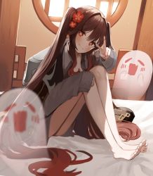 Rule 34 | 1girl, absurdres, bare legs, barefoot, bed, bed sheet, blush, boo tao (genshin impact), borrowed clothes, brown hair, closed mouth, colored tips, cosplay, feet, flower, flower-shaped pupils, genshin impact, ghost, grey shirt, hair flower, hair ornament, highres, hu tao (genshin impact), indoors, lattice, legs, long hair, long legs, long sleeves, looking at viewer, multicolored hair, on bed, oversized clothes, plum blossoms, red eyes, red flower, seorang, shirt, sitting, smile, solo, symbol-shaped pupils, toes, twintails, v, very long hair, zhongli (genshin impact), zhongli (genshin impact) (cosplay)