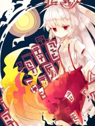 Rule 34 | 1girl, bow, collared shirt, commentary, feet out of frame, fire, fujiwara no mokou, hair bow, hands in pockets, juliet sleeves, long hair, long sleeves, looking at viewer, nikorashi-ka, ofuda, pants, ponytail, puffy sleeves, red bow, red eyes, red pants, shirt, solo, suspenders, touhou, two-tone bow, very long hair, white bow, white hair, white shirt
