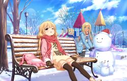 Rule 34 | 2girls, annindoufu (oicon), bench, blonde hair, blue eyes, brown mittens, building, christmas, cloud, dark skin, futaba anzu, game cg, gloves, hat, idolmaster, idolmaster cinderella girls, idolmaster cinderella girls starlight stage, lamppost, layla (idolmaster), low twintails, mittens, multiple girls, official art, one eye closed, open mouth, pantyhose, playground, red eyes, santa hat, scarf, sitting, snow, snowman, stuffed animal, stuffed toy, sweater, thighhighs, tree, twintails, winter clothes