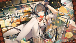 Rule 34 | &gt; &lt;, 1girl, animal ears, apron, aqua eyes, arm garter, azur lane, black hair, blue nails, breasts, cheshire (azur lane), cleavage, fake animal ears, feet out of frame, frilled hairband, frilled ribbon, frills, hairband, happy new year, highres, holding, in shopping cart, indoors, kuuus, large breasts, looking at viewer, maid headdress, manjuu (azur lane), multicolored hair, nail polish, new year, purple apron, pushing cart, ribbon, shopping cart, short hair, sitting, solo, streaked hair, supermarket, thighhighs, white thighhighs, wrist cuffs