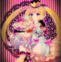 Rule 34 | 1girl, alice (trianthology), blonde hair, blue dress, crown, doily, dress, frilled dress, frilled sleeves, frills, highres, juliet sleeves, long hair, long sleeves, momomotsu, open mouth, orange ribbon, pink ribbon, puffy sleeves, purple eyes, ribbon, sleeves past fingers, sleeves past wrists, socks, solo, striped, striped background, thighhighs, trianthology sanmenkyou no kuni no alice, twintails, vertical stripes, wide sleeves, yellow headwear