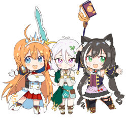 Rule 34 | ahoge, animal ear fluff, animal ears, black hair, black thighhighs, blue eyes, breasts, cat ears, chibi, detached sleeves, dress, fang, flower, full body, green eyes, hair between eyes, hair flower, hair ornament, holding, holding weapon, karyl (princess connect!), kokkoro (princess connect!), large breasts, long hair, low twintails, multicolored hair, multiple girls, open mouth, orange hair, pecorine (princess connect!), pinch (nesume), pointy ears, princess connect!, purple eyes, see-through, see-through sleeves, simple background, smile, streaked hair, sweat, thighhighs, tiara, twintails, very long hair, weapon, white background, white hair