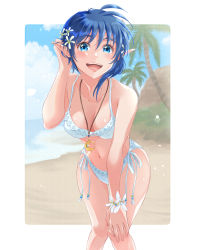 Rule 34 | 1girl, artist request, beach, blue eyes, blue hair, breasts, cloud, crescent, flower, hair flower, hair ornament, highres, jewelry, looking at viewer, navel, necklace, open mouth, pointy ears, rena lanford, short hair, smile, solo, star ocean, star ocean the second story, swimsuit, tree