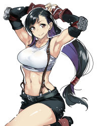 Rule 34 | 1girl, armpits, arms behind head, arms up, black gloves, black hair, breasts, brown eyes, earrings, elbow gloves, final fantasy, final fantasy vii, fingerless gloves, gloves, highres, jewelry, large breasts, leg up, long hair, looking at viewer, midriff, multicolored hair, navel, purple hair, simple background, skirt, smile, solo, suspenders, tifa lockhart, twinpoo, white background