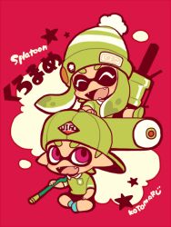 Rule 34 | .96 gal (splatoon), 1boy, 1girl, backwards hat, beanie, black shorts, chibi, chibi only, fangs, green hair, green shirt, hat, inkling, inkling boy, inkling girl, inkling player character, kotorai, nintendo, no nose, open mouth, pink eyes, pom pom (clothes), pom pom beanie, red background, shirt, shorts, signature, sitting, splat roller (splatoon), splatoon (series), splatoon 1, star (symbol), thick eyebrows, translation request