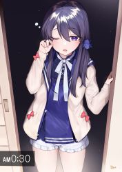 Rule 34 | 1girl, black hair, blue scrunchie, blue shirt, blush, bow, commentary request, frilled shorts, frills, hair between eyes, hair ornament, hair scrunchie, hands up, highres, hu kotora, jacket, long hair, long sleeves, looking at viewer, one eye closed, open clothes, open jacket, original, parted lips, purple eyes, red bow, rubbing eyes, scrunchie, shirt, short shorts, shorts, sleeves past wrists, solo, waking up, white jacket, white shorts