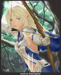 Rule 34 | 1girl, archery, armor, arrow (projectile), blonde hair, blue eyes, bow (weapon), breasts, dated, drawing bow, dutch angle, elf, elf (lineage 2), gloves, highres, holding bow (weapon), lineage, lineage 2, long hair, pointy ears, sideboob, signature, solo, waenaglariel, weapon