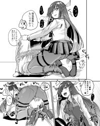 Rule 34 | 10s, 1boy, 1girl, admiral (kancolle), ass, bondage, boots, bound, bound legs, breasts, comic, greyscale, hayashimo (kancolle), kantai collection, leg lock, long hair, lying, monochrome, on back, pantyhose, pleated skirt, sitting, sitting on face, sitting on person, skirt, sweatdrop, translation request, very long hair, yoshika fuumi
