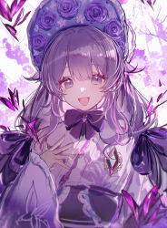 Rule 34 | 1girl, absurdres, animal print, bonnet, bow, butterfly print, drill hair, gloves, grey hair, hair bow, hair flaps, highres, hololive, hololive english, japanese clothes, jewel under eye, kimono, koseki bijou, koseki bijou (new year), lace, lace-trimmed gloves, lace trim, long hair, looking at viewer, official alternate costume, open mouth, purple bow, purple eyes, purple hair, purple headwear, purple kimono, shibuya (kurokamishain), smile, solo, twin drills, virtual youtuber