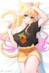 1girl :3 absurdres animal_ears bed_sheet black_shirt blonde_hair blush breasts cat_ears cat_girl cat_tail character_print claw_pose closed_mouth commentary_request cowboy_shot fuyumi_iyo gradient_hair green_eyes hand_up highres hololive kemonomimi_mode large_breasts long_hair looking_at_viewer lying momosuzu_nene multicolored_hair nekko_(momosuzu_nene) off_shoulder official_alternate_costume on_back orange_shorts pink_hair shirt short_sleeves shorts signature single_bare_shoulder smile solo striped_clothes striped_shorts t-shirt tail twitter_username virtual_youtuber yellow_shorts