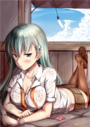 Rule 34 | 10s, 1girl, aqua hair, blush, breasts, cleavage, condom, covered erect nipples, hair ornament, hairclip, ichikawa feesu, kantai collection, long hair, looking at viewer, lying, no bra, on stomach, open mouth, pill, sky, solo, suzuya (kancolle), thighhighs