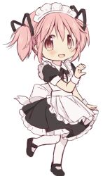 Rule 34 | 1girl, :d, absurdres, black socks, commentary request, full body, heart hands invitation, highres, hitode, kaname madoka, looking at viewer, mahou shoujo madoka magica, maid, maid headdress, open mouth, pink eyes, pink hair, short hair, short sleeves, short twintails, simple background, smile, socks, solo, standing, standing on one leg, twintails, white background, wrist cuffs
