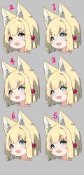 Rule 34 | 1girl, absurdres, animal ear fluff, animal ears, blonde hair, blue eyes, blush, commentary request, fox ears, grey background, highres, kuro-chan (kuro kosyou), kuro kosyou, multiple views, open mouth, original, short eyebrows, simple background, thick eyebrows, variations