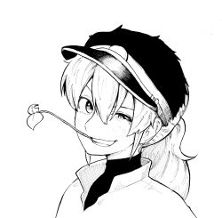 Rule 34 | 1boy, black headwear, greyscale, grin, hair between eyes, highres, kowloon&#039;s ball parade, long hair, monochrome, mouth hold, rinojou tsubaki, simple background, smile, solo, teeth hold, upper body, white background