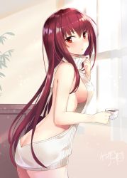 Rule 34 | 1girl, ass, backless dress, backless outfit, blush, breasts, butt crack, cowboy shot, cup, dress, fate/grand order, fate (series), from side, highres, indoors, large breasts, leaning forward, long hair, looking at viewer, meme attire, purple hair, red eyes, scathach (fate), sideboob, solo, sunlight, sweater, takehana note, turtleneck, very long hair, virgin killer sweater, white sweater