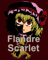 Rule 34 | 1girl, ascot, blonde hair, character name, evil smile, female focus, flandre scarlet, frills, niji (nijioki), red background, red eyes, shaded face, short hair, simple background, smile, solo, touhou, upper body