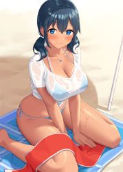 Rule 34 | 1girl, beach, between legs, bikini, black hair, blue bikini, blue eyes, blush, breasts, cleavage, dark-skinned female, dark skin, hand between legs, jewelry, knees together feet apart, large breasts, looking at viewer, micro bikini, necklace, original, sawada yuusuke, shirt, sitting, smile, solo, sweat, sweatdrop, swimsuit, tan, tanline, thick thighs, thighs, twintails, wet, wet clothes, wet shirt