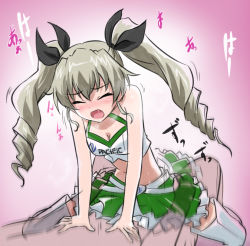 Rule 34 | 10s, 1boy, 1girl, anchovy (girls und panzer), blush, closed eyes, clothed female nude male, clothed sex, cowgirl position, girl on top, girls und panzer, green hair, hair ornament, hetero, nude, ribbon, ribimura, sex, skirt, straddling, text focus, twintails